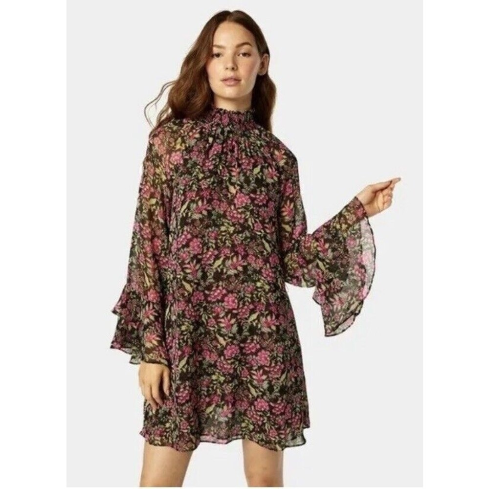 MISA Los Angeles Saint Dress Floral Fuchsia Medium Black Pink Bell Sleeve Mini